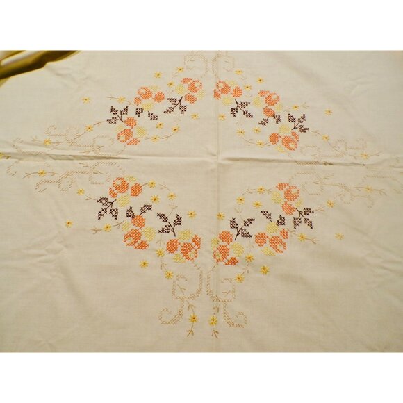 Vtg Hand Embroidered Floral Ecru Tablecloth Cross-Stitched Orange Yellow Brown